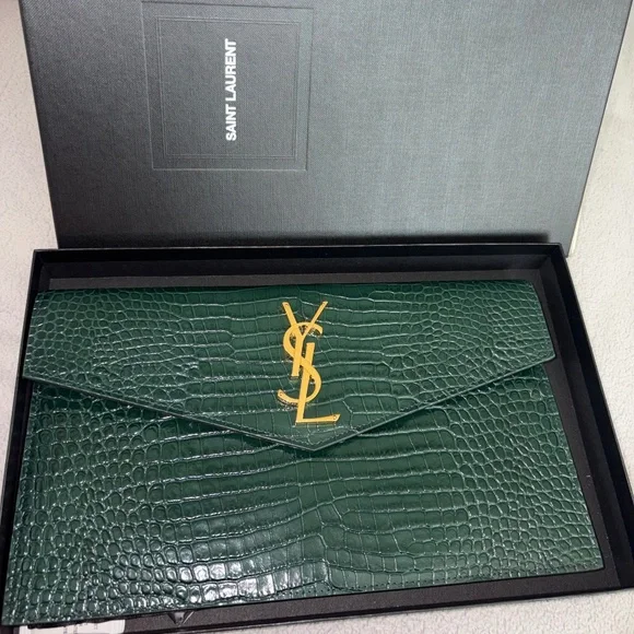 SAINT LAURENT YSL Dark Mint Green Uptown Croc Print Med Envelope Pouch Clutch - Picture 11 of 12
